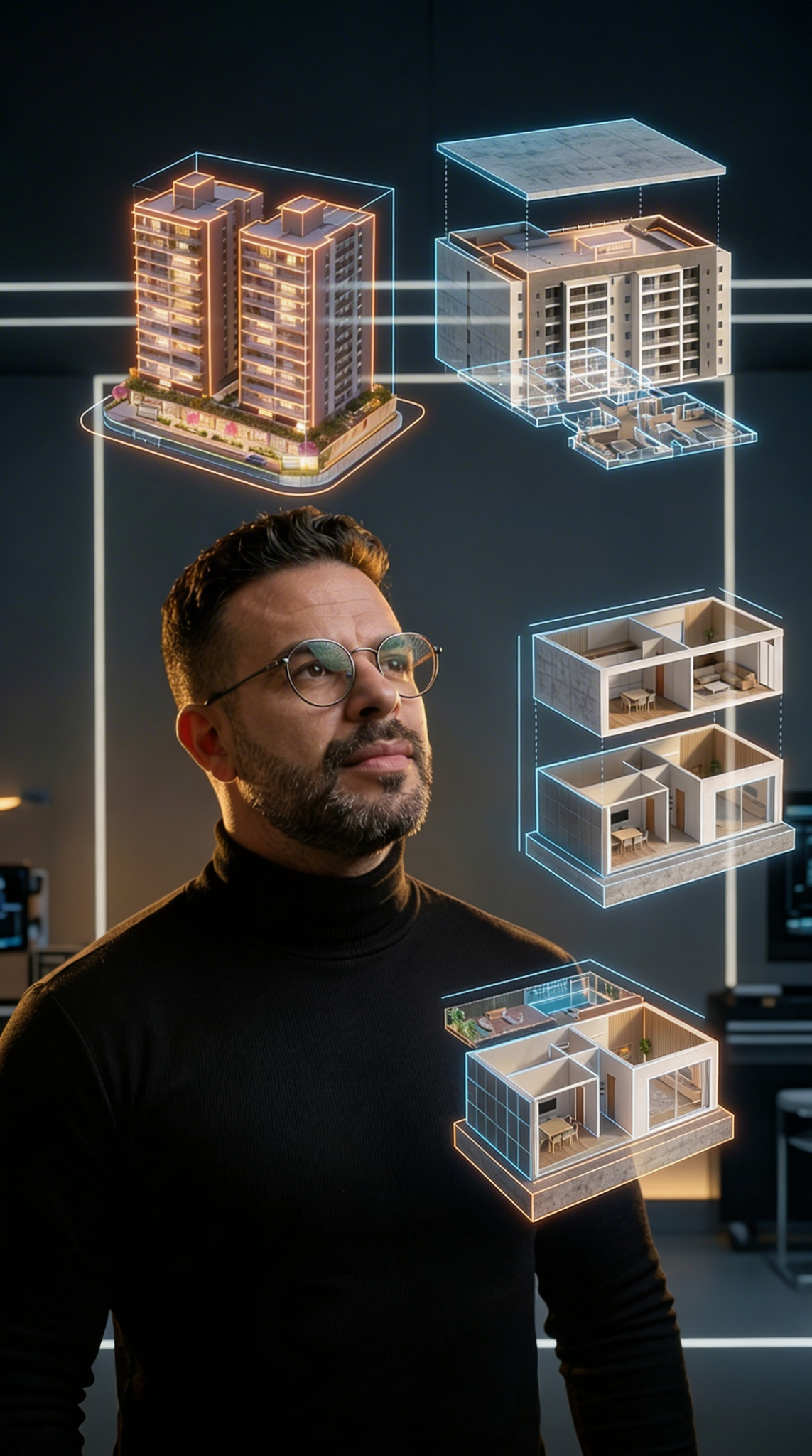 Bruno Cardozo em retrato conceitual com visualizações de arquitetura criadas com IA